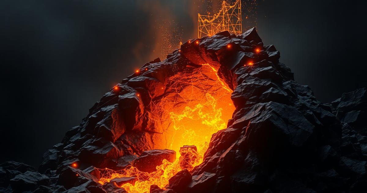 Crypto trading education graphic with a glowing blockchain lattice inside dark rock