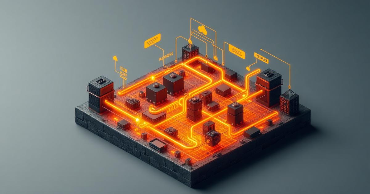 Isometric diagram of trading platform infrastructure with glowing order routing paths