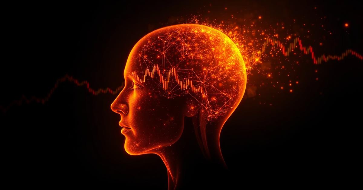 Trading psychology illustration of a glowing head silhouette filled with market lines