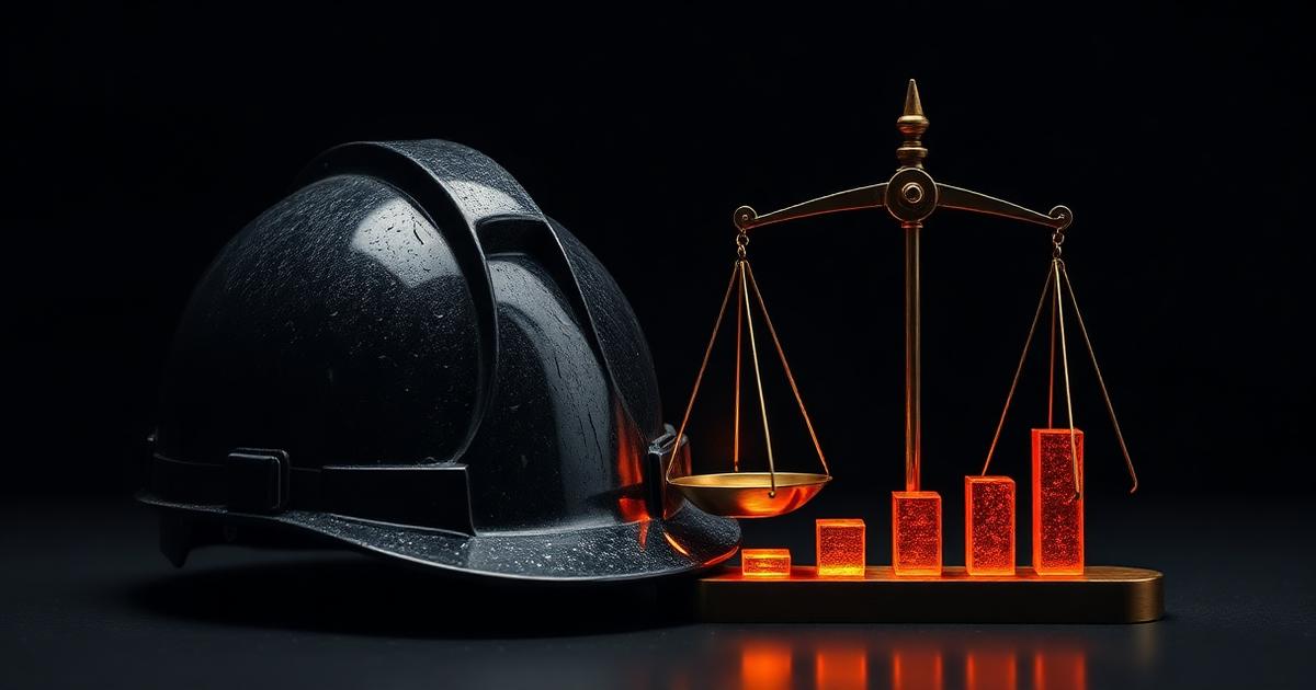 Risk management graphic with a black safety helmet and balance scales beside a chart