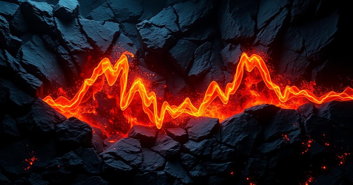 Market volatility graphic showing a glowing waveform cutting through fractured dark rock