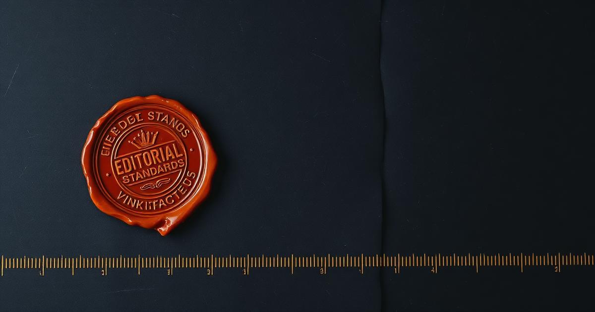 Editorial standards illustration with a wax seal and measurement rule on dark slate
